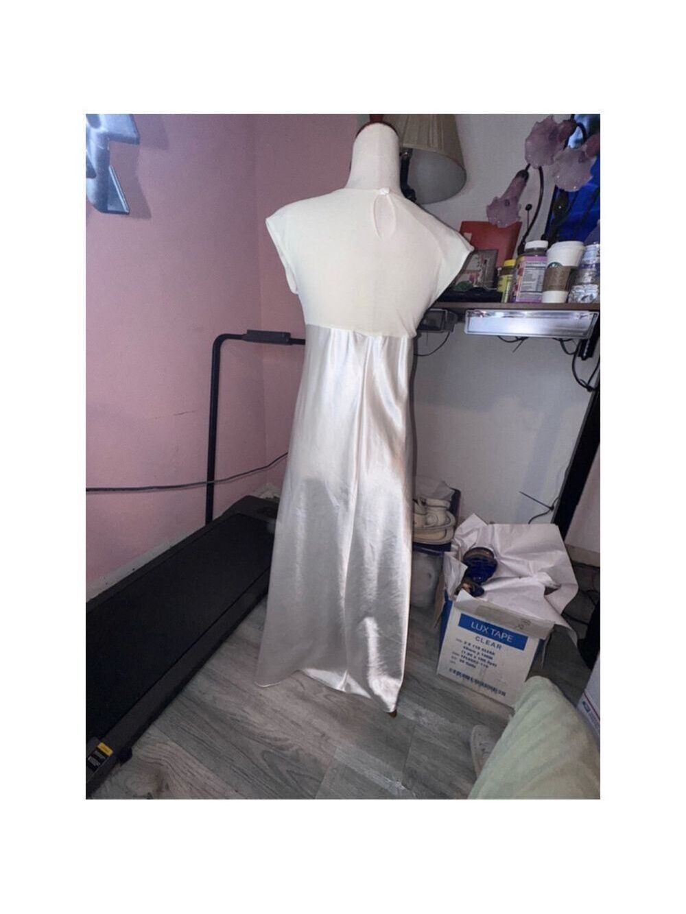 Satin gown cream sz med USA made! Satin bottom top sheer embroidered - Picture 8 of 13